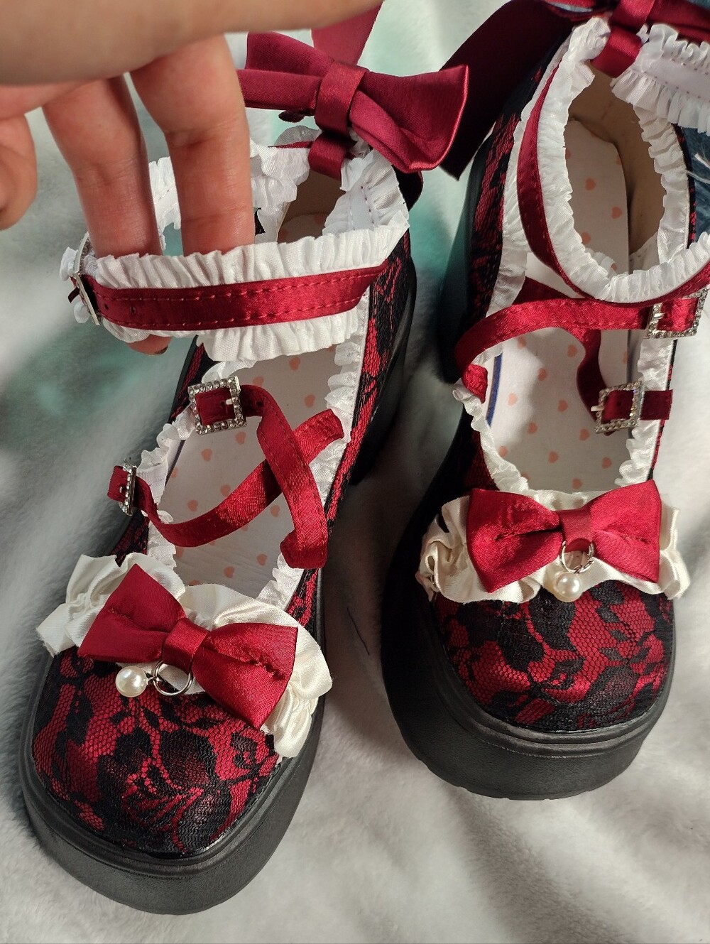 Red And Black Lace Platform Mary Jane Platforms with Satin Bows